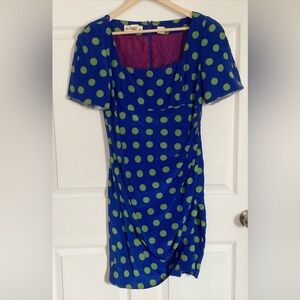 Vtg '80s NIPON BOUTIQUE blue polka-dot silk dress, Sz 12.